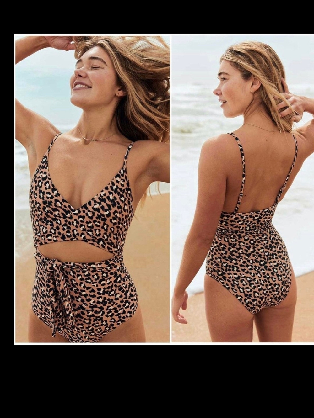 Leopard Print Womens One-Piece Swimsuit with Waist Tie